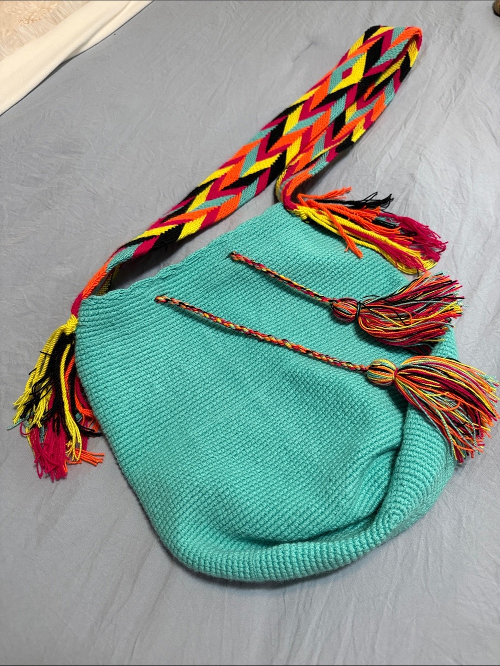 Turquoise Crochet Crossbody Bag with Colorful Strap